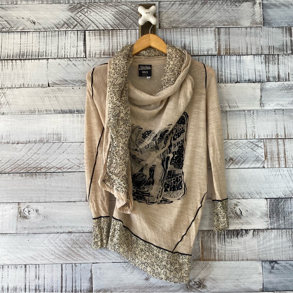 Jean Paul Gaultier size M beige knit with attached wrap scarf